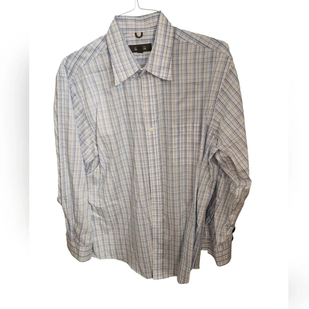 VINTAGE MENS KENNETH COLE BLUE PLAID DRESS SHIRT SIZE LARGE